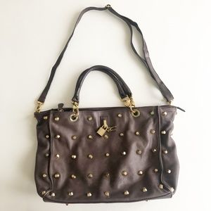 Pop Corn Milano Leather Bag Studs Top Handle Removable Shoulder Strap Khaki Brwn